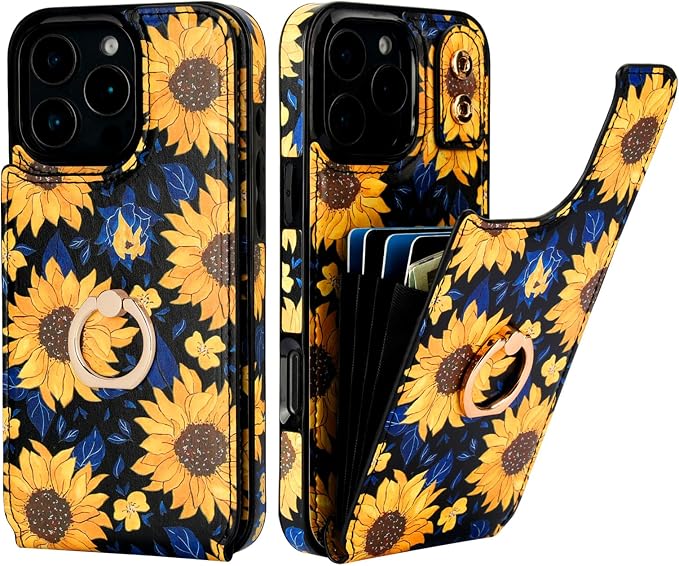HAOPINSH for iPhone 16 Pro Max Wallet Case with Card Holder, 360°Rotation Ring Kickstand, Blooming Sunflowers Pattern, RFID Blocking Leather for Girls Women, Protective Cover 6.9"
