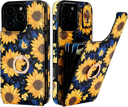 HAOPINSH for iPhone 16 Pro Max Wallet Case with Card Holder, 360°Rotation Ring Kickstand, Blooming Sunflowers Pattern, RFID Blocking Leather for Girls Women, Protective Cover 6.9"
