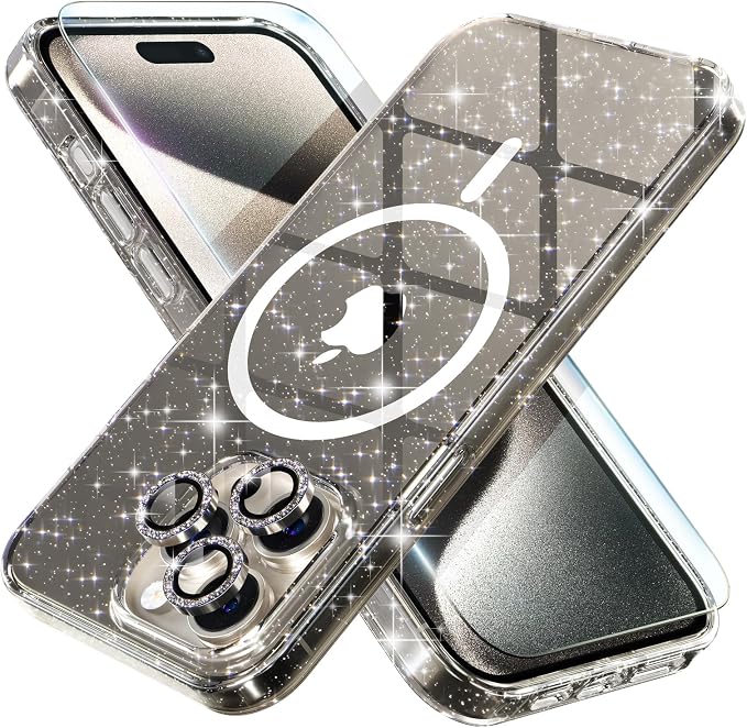 Choiche for iPhone 15 Pro Case Magnetic, Women Clear Glitter Bling Sparkly Case, [3xDiamond Camera Lens Protectors] [2xTempered Glass Screen Protectors] [Compatible MagSafe] (Glitter Gray)