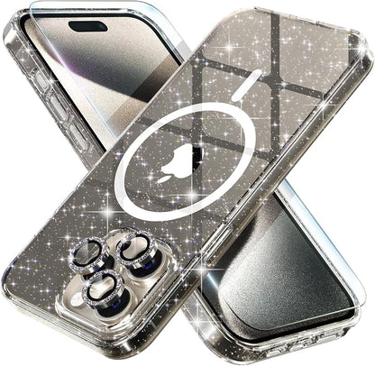 Choiche for iPhone 15 Pro Case Magnetic, Women Clear Glitter Bling Sparkly Case, [3xDiamond Camera Lens Protectors] [2xTempered Glass Screen Protectors] [Compatible MagSafe] (Glitter Gray)