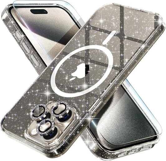 Choiche for iPhone 15 Pro Case Magnetic, Women Clear Glitter Bling Sparkly Case, [3xDiamond Camera Lens Protectors] [2xTempered Glass Screen Protectors] [Compatible MagSafe] (Glitter Gray)