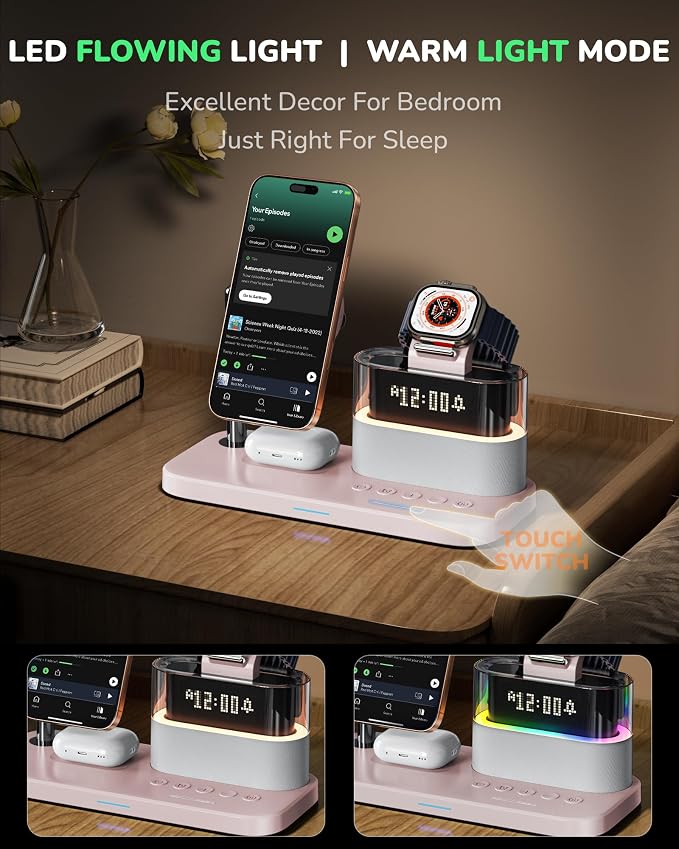 Compatible with Qi2 Certified 15W Charging Station with Alarm Clock and Night Light,Fast 5 in 1 Mag-Safe Wireless Charger Stand for iPhone 16 15 14 13 12 Pro Max,Apple Watch,Air-Pods(Pink)