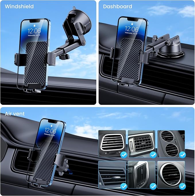 Phone Holders for Your Car [Military Grade Suction Ultra Strong Base] Cell Phone Car Holder 3 in 1 Dashboard/Windshield/Air Vent Hands-Free for iPhone Android