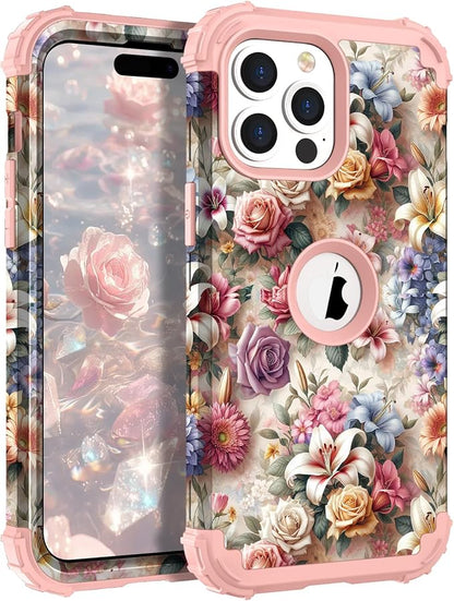 Hocase for iPhone 14 Pro Max Case, Heavy Duty Shockproof Protection Soft Silicone Rubber+Hard Plastic Bumpers Hybrid Protective Case for iPhone 14 Pro Max 2022 - Joyful Flowers