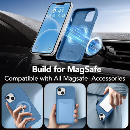 GONEZ Magnetic for iPhone 14 Case, Compatible with Magsafe, with Screen Protector + Camera Protector, Anti-Scratch Microfiber Lining, Liquid Silicone Shockproof Protective Phone Case, Lake Blue