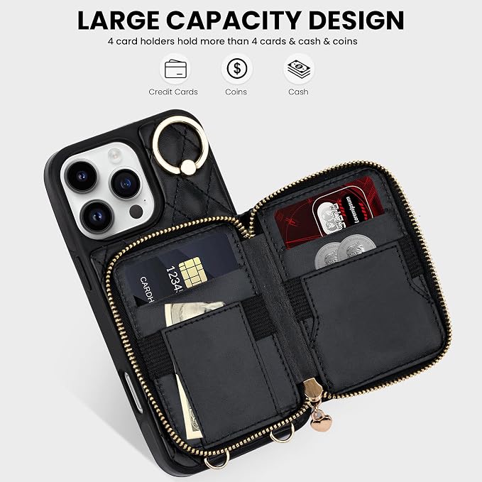 Keallce Case for iPhone 16 Pro Max 6.9'' Wallet Case, Crossbody Zipper Purse with Wristlet for Women, RFID Blocking Card Holders, 360° Ring Kickstand Flip Leather Cover for iPhone 16 Pro Max, Black