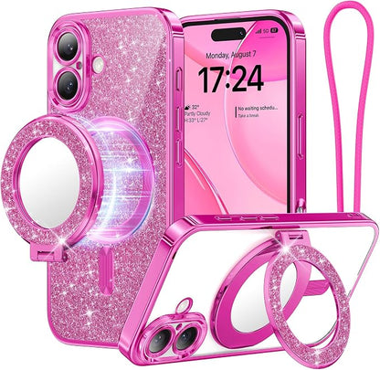 Meifigno Magnetic Case with Removable Phone Ring Stand for iPhone 16 6.1", [Glitter Card & Wrist Strap] [MagSafe Compatible] [Built in Mirror] Magnetic Phone Ring Holder + 16 Case Kit, Hot Pink