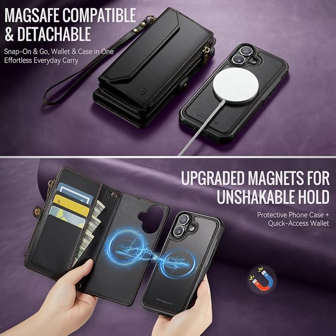 Strapurs for iPhone 16 Detachable Wallet Case Compatible with Magsafe for Women, RFID Blocking 9-Card Holder Zipper Wrist Strap Lanyard PU Leather Magnetic Phone Case for iPhone 16 6.1", Black