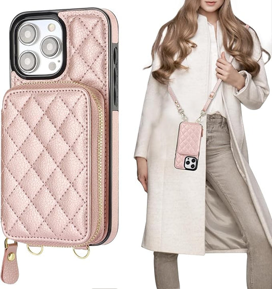 Bocasal Crossbody Wallet Case for iPhone 15 Pro Max, RFID Blocking PU Leather Zipper Handbag Purse Flip Cover, Kickstand Folio Case with Card Slots Holder Wrist Strap Lanyard 5G 6.7 Inch (Rose Gold)