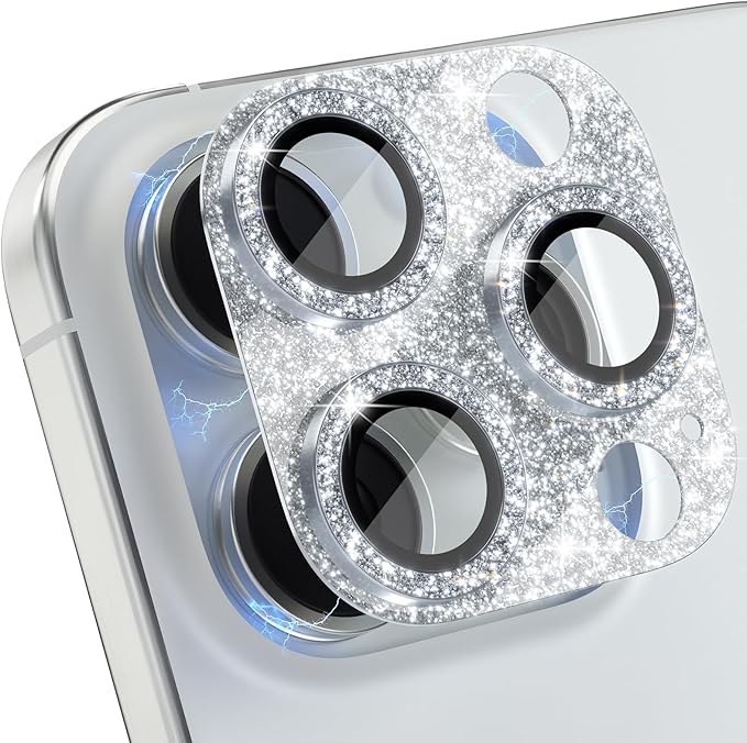 Choiche Compatible for iPhone 16 Pro/iPhone 16 Pro Max Camera Lens Protector, Bling Camera Cover with 9H Tempered Glass Lens Screen Protector Metal Ring Decoration Accessories (Glitter-Silver)