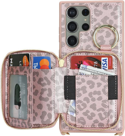 Crossbody Wallet Case for Galaxy S23 Ultra, PU Leather Zipper Handbag Purse Flip Cover, Kickstand Folio Case with Card Slots Holder Wrist Strap Lanyard -Pink Leopard