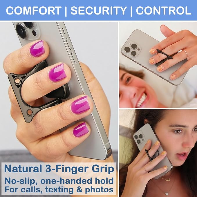 Patented 3-Finger Phone Grip & Stand - Comfortable & Secure Loop Holder for iPhone & Android - Ultra-Slim Zinc Alloy - Magnetic Mount Ready - Cell Phone Ring Alternative [Black Chrome]