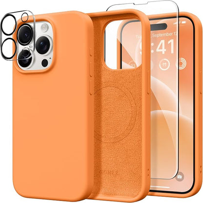 GONEZ Magnetic for iPhone 15 Pro Case, Compatible with MagSafe, [Screen Protector + Camera Lens Protector], Silicone Shockproof Anti-Scratch Protective Phone Case 6.1 inch, Orange