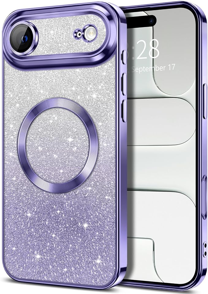 Hython for iPhone Air Case Glitter Clear Magnetic Phone Cases [Compatible with MagSafe] Full Camera Lens Protector Sparkle Luxury Plating Slim Shockproof Protective Cover, Gradient Light Purple