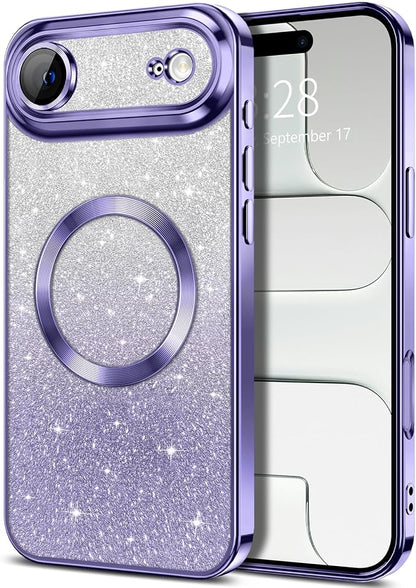 Hython for iPhone Air Case Glitter Clear Magnetic Phone Cases [Compatible with MagSafe] Full Camera Lens Protector Sparkle Luxury Plating Slim Shockproof Protective Cover, Gradient Light Purple