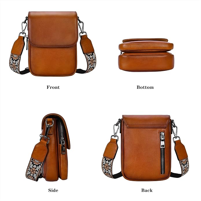 HESHE Leather Small Crossbody Bags for Women RFID Blocking Cell Phone Purse Anti-Theft Travel Bag with wide Straps