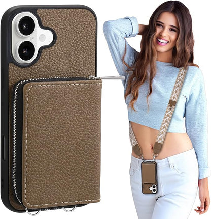 XANGNIER Wallet Case for iPhone 17 with Strap, RFID Blocking PU Leather Crossbody Phone Purse with Card Holder, Zipper Pocket, Wrist Strap & Adjustable Lanyard for Women 6.3" 5G,Brown