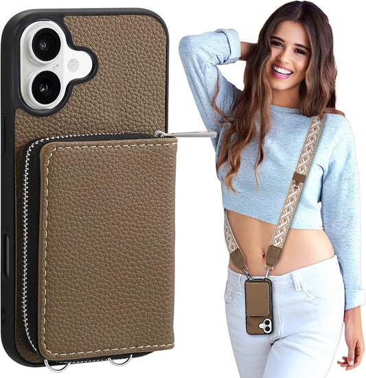 XANGNIER Wallet Case for iPhone 17 with Strap, RFID Blocking PU Leather Crossbody Phone Purse with Card Holder, Zipper Pocket, Wrist Strap & Adjustable Lanyard for Women 6.3" 5G,Brown