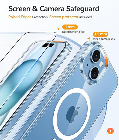 FNTCASE for iPhone 15 Case: for iPhone 14 Case & iPhone 13 Case [Compatible with Magsafe] [Screen Protector] Anti Yellowing Transparent Clear - Military Grade Shockproof Protective Phone Cover - Clear