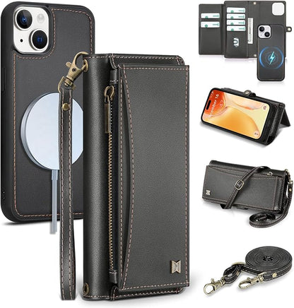 Wallet Case for iPhone 15 with Card Holder/Crossbody Wallet/Strap| RFID Blocking | Magnetic | Kickstand | Detachable | PU Leather Phone Case for iPhone 15,6.1 in,Black