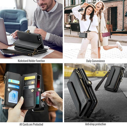 Strapurs Crossbody Wallet Case Compatible with iPhone SE/7/8 RFID Blocking 7-Card Holder Soft PU Leather Magnetic Snap Shoulder Strap Zipper Pocket Phone Cases Fit for iPhone SE 2020 2022 - Black
