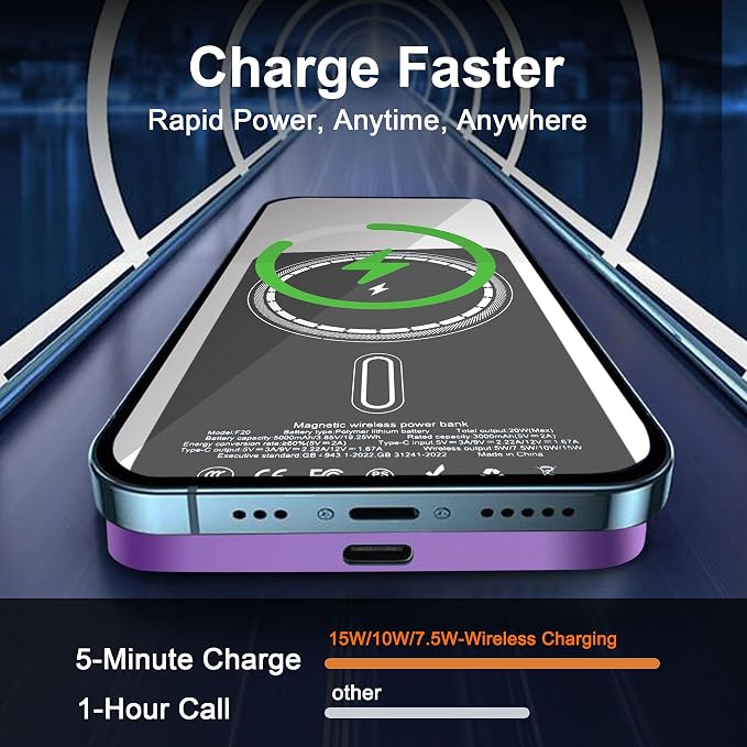 Magnetic Portable Charger 5000mAh, 15W Ultra Slim Wireless Portable Charger, Fast Charging for iPhone 17/16/15/14/13/12 Pro/Pro Max/Plus, Metal Shell, USB-C Cable to Charge Other Phones (Purple)