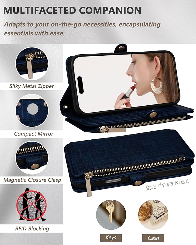 Crossbody Wallet Case for iPhone 16 Pro Max with Mirror, Wrist Strap, Zipper Purse Magnetic Flip RFID Blocking Card Holder, Wireless Charging, PU Leather Shockproof 6.9" Women (Navy Blue)