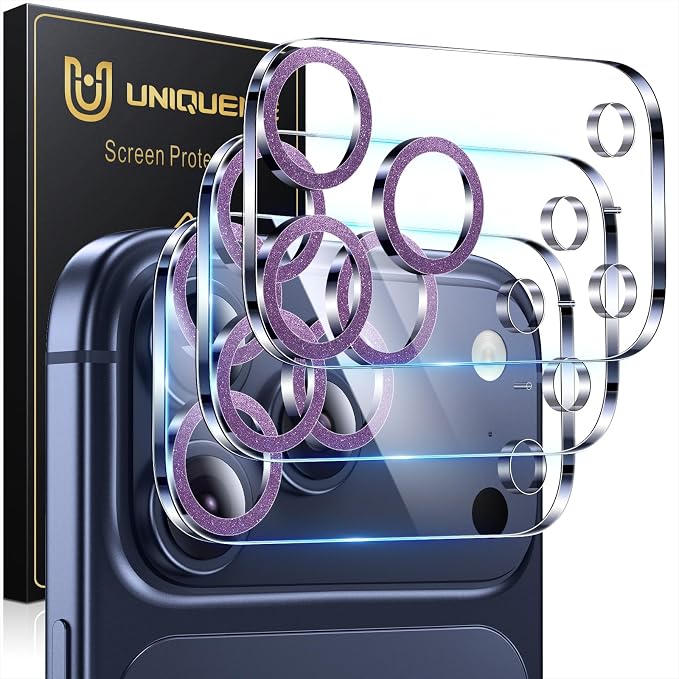 UniqueMe Compatible for 3 Pack iPhone 17 Pro Camera Lens Protector - [Drop Protection] [Case Friendly] 9H Tempered Glass Camera Cover Screen [Update New Version] - Glitter Dark Purple