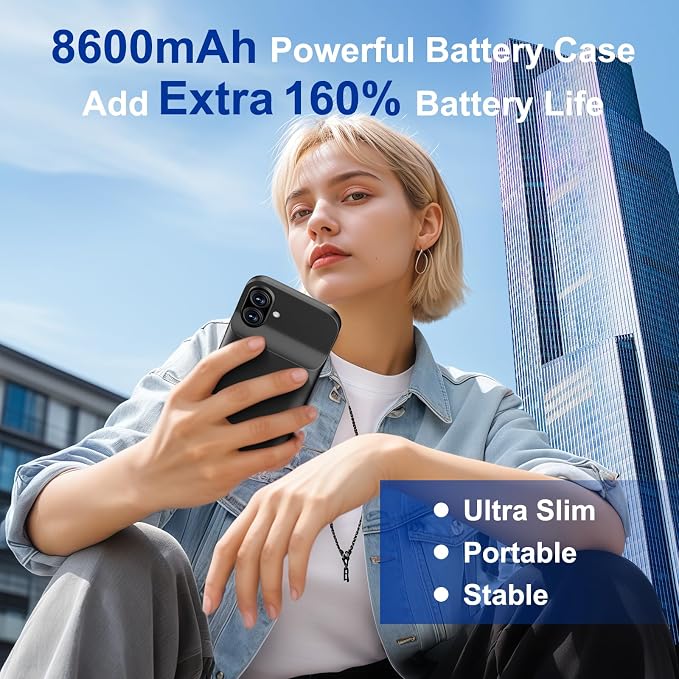 Battery Case for iPhone 16 - Slim Charging Case, Dual 15W Fast Charging- Enhanced 8600mAh Rechargeable Case Priority Charging Anti-Scratch Premium Protective Battery Charger Case for iPhone 16 (6.1")