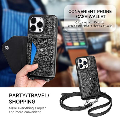 LUCKYCOIN for iPhone 15 Pro Max Crossbody Wallet Case – Genuine Leather Phone Purse with Adjustable Strap and Card Holder,Lanyard Phone Purse Case for Women,Pebble Grain Black