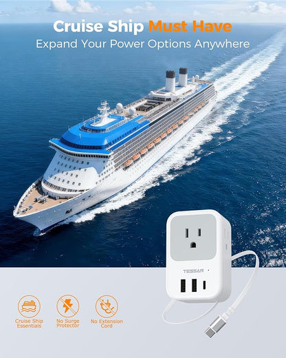 TESSAN European Travel Plug Adapter, 2 Pack | Built-in 20W Retractable USB-C Cable, Type C Power Adapter, 3 AC Outlets 4 USB Ports