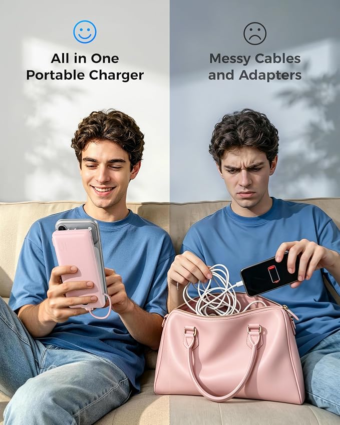VEGER Portable Charger with Built-in AC Plug and Cables, All in One 10000mAh Ultra Slim Power Bank Travel Essentials, USB C External Battery Pack Compatible with iPhone, Samsung, More, Crepe
