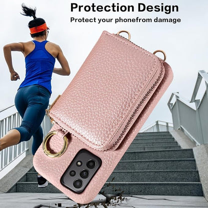 Wallet Case for Samsung Galaxy A73 5G with Shoulder Strap Ring Buckle, Luxury PU Leather Zipper Flip Organ Purse Credit Card Holder Stand Full Body Cell Phone Cover for A 73 Women Men Rose Gold