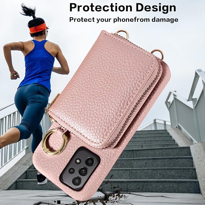 Wallet Case for Samsung Galaxy A33 5G with Shoulder Strap Ring Buckle, Luxury PU Leather Zipper Flip Organ Purse Credit Card Holder Stand Full Body Cell Phone Cover for A 33 33A Women Rose Gold