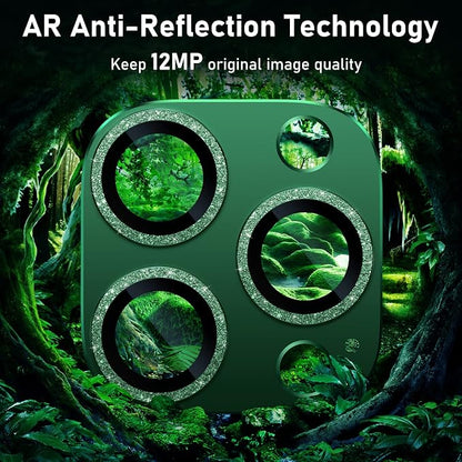 UniqueMe for iPhone 13 Pro/iPhone 13 Pro Max Camera Lens Protector, [Strong Drop Protection] [Not Easy to Fall-off] Metal Ring Tempered Glass Rear Camera Screen Cover - Alpine Green (Bling Circle)