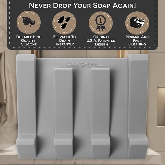 Silicone Soap Dish (USA Patented) Self Draining Bar Soap Holder for Shower Bathroom Sink, Drying Soap Dish Tray Kitchen Sponge Holder Easy Cleaning Soap Saver Mat (Light Grey, 1)