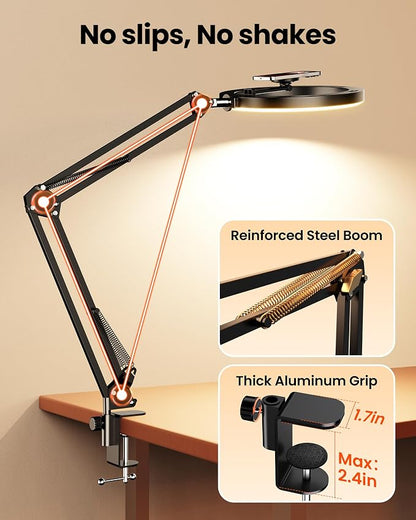 Magnetic Overhead Ring Light for Desk, 10” Selfie Light with Stand Tripod for iPhone, Adjustable Overhead Phone Mount with MagSafe-Compatible Holder for Recording, Vlogging, Crafts, TikTok, YouTube