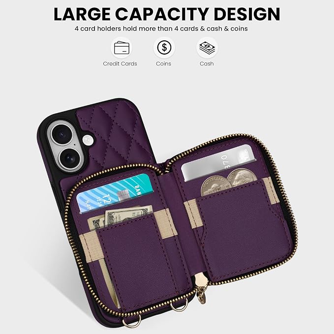 Keallce Case for iPhone 17 6.3'' Wallet Case, Crossbody Zipper Purse with Wrist Strap Lanyard Handbag, RFID Blocking Card Holders, Kickstand Flip Leather Cover for iPhone 17, Darkpurple
