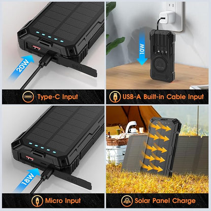 BLASOUL Solar Charger 49800mAh Power Bank - Wireless Portable Phone Charger with 4 Built-in Cable,22.5W Fast Charging External Battery Pack PD 3.0 USB-C in/Output Perfect for Camping,/Hiking