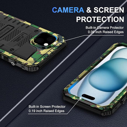 Beasyjoy for iPhone 15 Case Waterproof, Metal Heavy Duty Full Body Protective Case with Built-in Screen Protector, Military Grade Shockproof Dustproof Defender Rugged Cover for iPhone 15 6.1", Camo