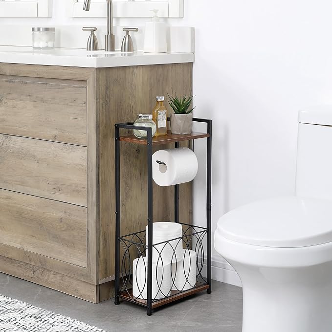 SunnyPoint Classic Space Saving Freestanding Toilet Paper Holder with Storage Shelf – Bathroom Space Saver for Phone, Tablet, and Magazines – All Purpose Bathroom Organizer Space Saver (Black)