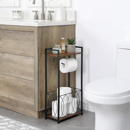 SunnyPoint Classic Space Saving Freestanding Toilet Paper Holder with Storage Shelf – Bathroom Space Saver for Phone, Tablet, and Magazines – All Purpose Bathroom Organizer Space Saver (Black)