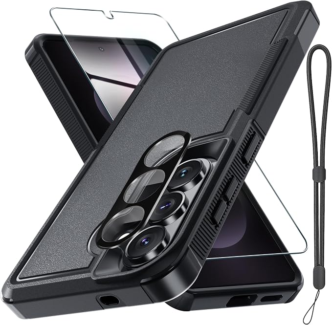 for Samsung Galaxy S26+ Plus Case with Screen Protector+Camera Lens Cover,Military Grade Heavy Duty Shockproof Phone Cover with Wrist Lanyard Strap for Samsung S26Plus,Black Matte