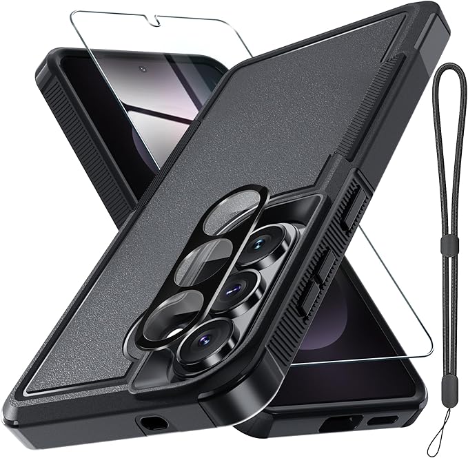 for Samsung Galaxy S26 Case with Screen Protector+Camera Lens Cover,Military Grade Heavy Duty Shockproof Phone Cover with Wrist Lanyard Strap for Samsung S26,Black Matte