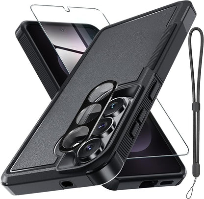 for Samsung Galaxy S26 Case with Screen Protector+Camera Lens Cover,Military Grade Heavy Duty Shockproof Phone Cover with Wrist Lanyard Strap for Samsung S26,Black Matte