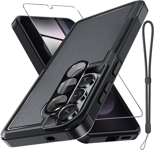 for Samsung Galaxy S26 Case with Screen Protector+Camera Lens Cover,Military Grade Heavy Duty Shockproof Phone Cover with Wrist Lanyard Strap for Samsung S26,Black Matte