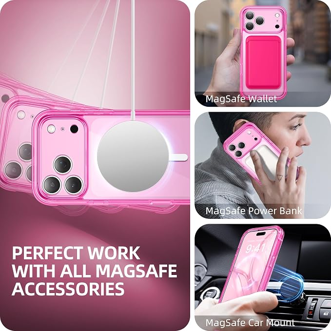 BERFY for iPhone 17 Pro Case, Compatible with MagSafe, Built-in Glass Screen Protector, Camera Protection, Shockproof Full Body Phone case 6.3", Clear Bright Pink