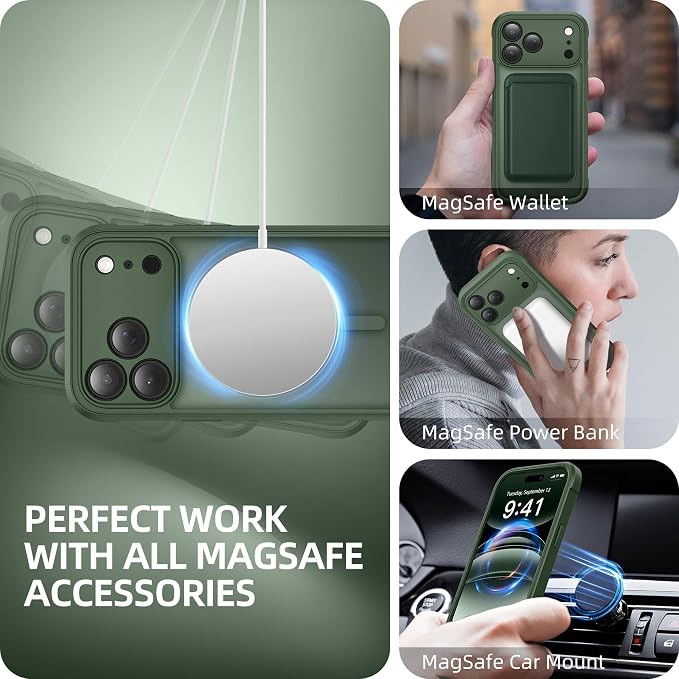 BERFY for iPhone 17 Pro Case, Compatible with MagSafe, Built-in Glass Screen Protector, Camera Protection, Shockproof Full Body Phone case 6.3", Translucent Deep Green