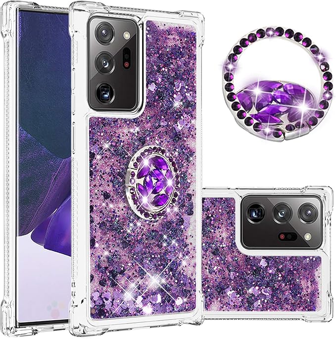 Glitter Case for Galaxy Note 20 Ultra Silicone, Transparent Protective Case Ring Holder Shockproof Phone Cover Glitter Liquid Case Anti Yellowing Scratch Compatible with Samsung Galaxy Note 20 Ultra