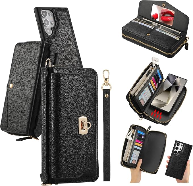 LITOU Compatible for Samsung Galaxy S26 Plus Crossbody Phone Case,Detachable Magnetic,Card Holder,Zipper Leather Wallet Wrist Lanyard Strap Case for Women Men.Black